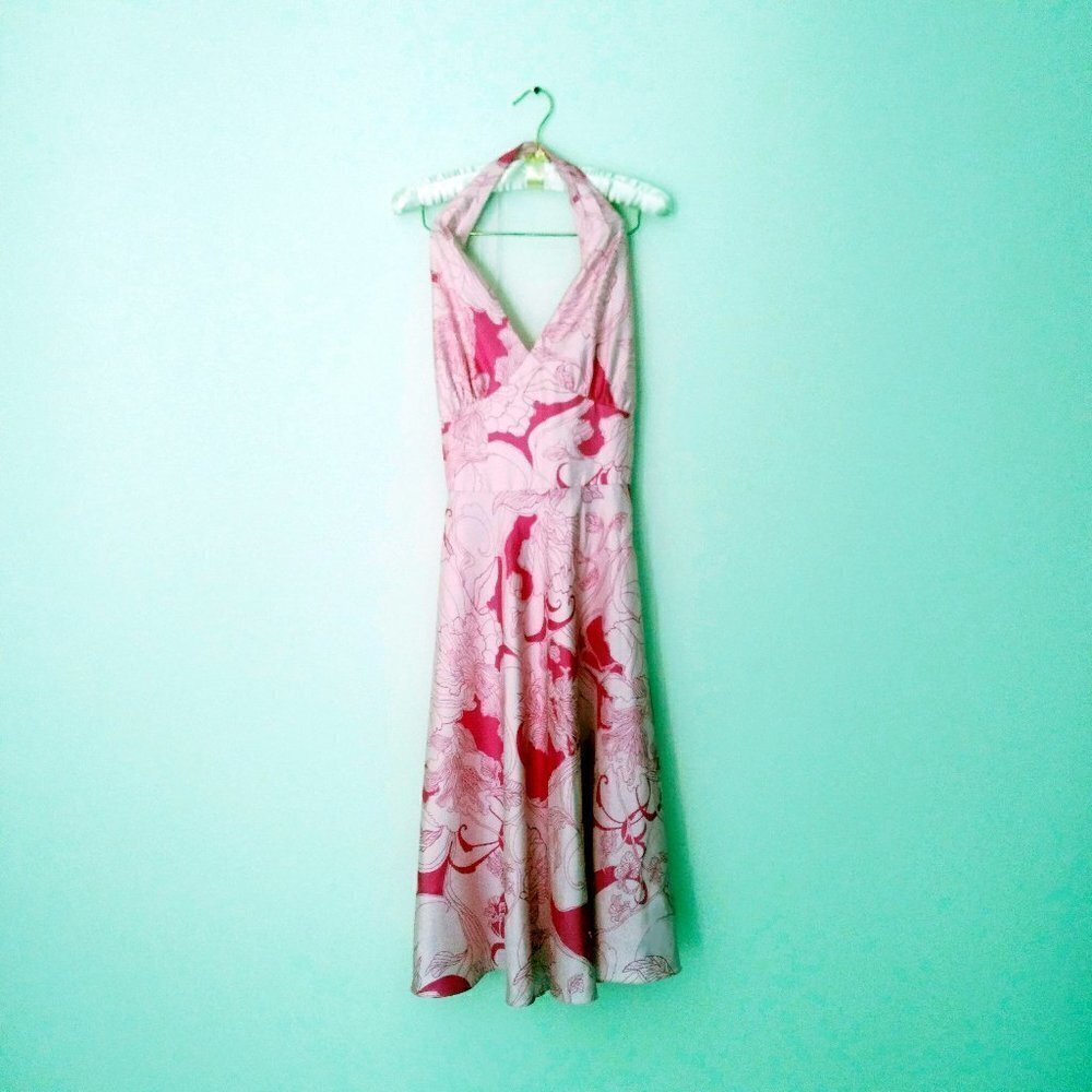 Maggie London Pink on Pink Silk Halter Circle Dress Retro Floral Femme Fun! Sz12 - Picture 1 of 8